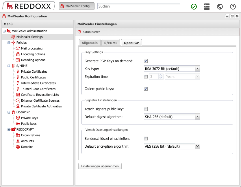 OpenPGP keys can be generated automatically by the REDDOXX appliance