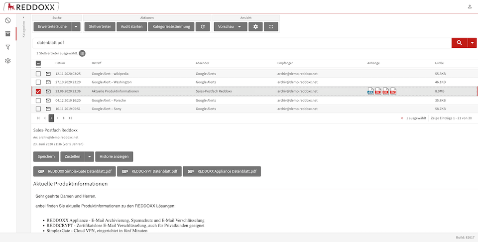 Email archiving with full-text search within the email and attachments such as PDF, Word or Excel Email archiving with full-text search within the email and attachments such as PDF, Word or Excel